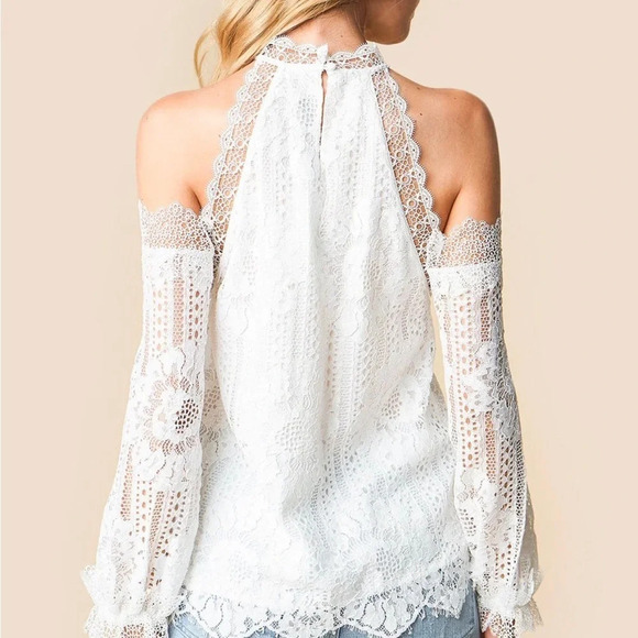 Sugar Lips Sugarlips Womens LACE HIGH Neck Open Shoulders TOP Blouse White Sz S - Picture 2 of 10